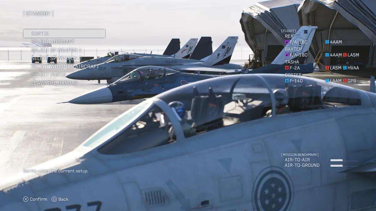 Official ACE COMBAT 8 screenshot of the hangar sortie screen with the aircraft selection menu and the flight roster