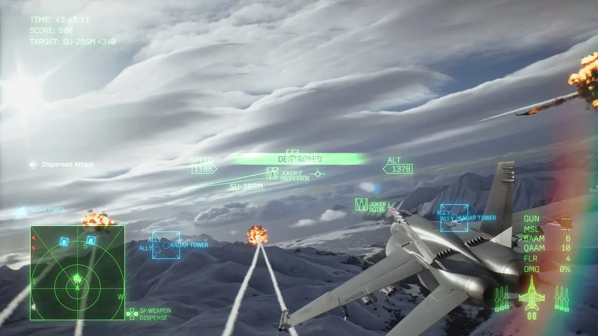Official ACE COMBAT 8 screenshot of the wingman order menu over a snow-covered mountain range