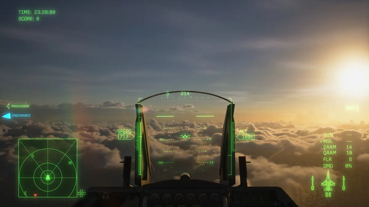 Official ACE COMBAT 8 screenshot of the in-cockpit view with the carrier name Endurance marked on the display