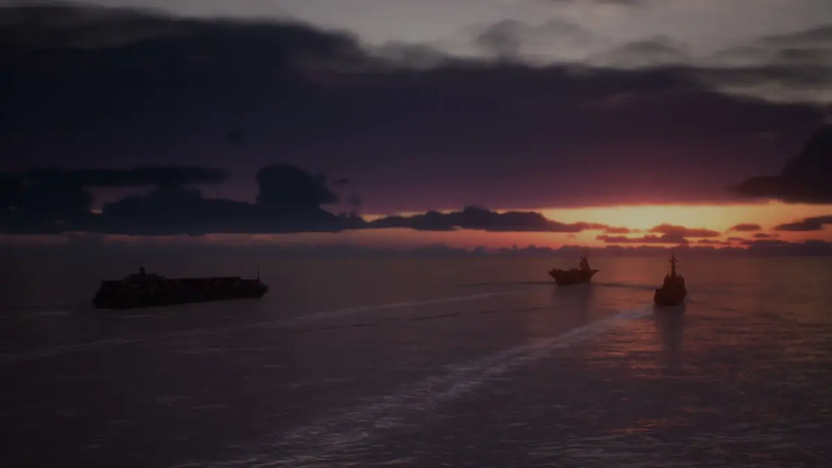 Official ACE COMBAT 8 trailer still of an aircraft carrier at sea at sunset