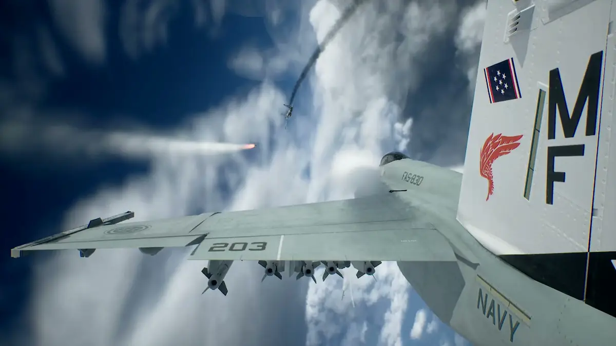 Official ACE COMBAT 8 trailer still of an F/A-18 formation banking through cloud