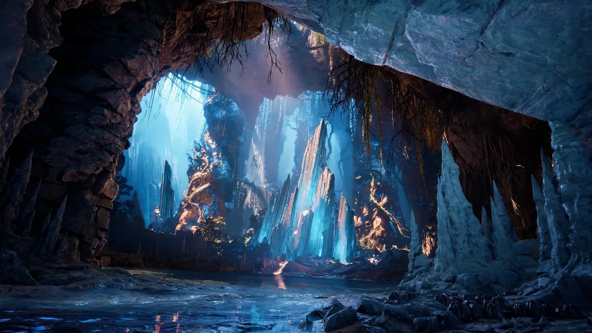 Official AION 2 screenshot of a hidden cavern filled with blue crystals