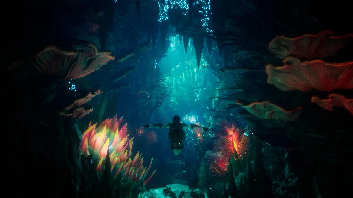 Official AION 2 screenshot of underwater exploration among luminous plants and minerals
