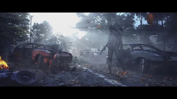 Official ARC Raiders trailer still of a wrecked vehicle in drifting smoke