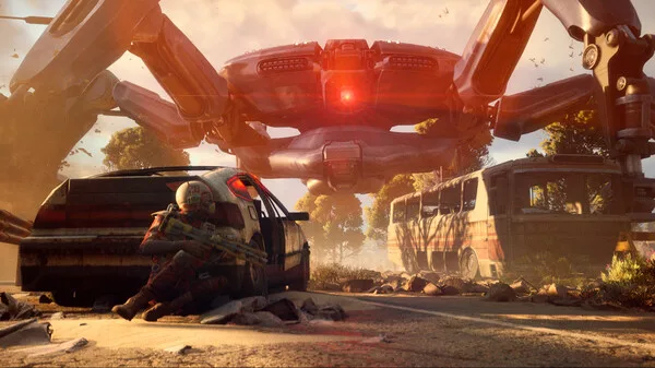 Official ARC Raiders screenshot of a large ARC machine attacking a vehicle on a road