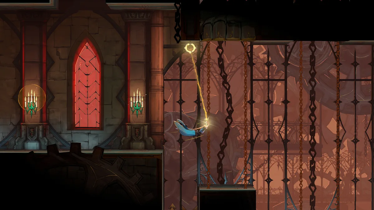 Official screenshot of Rose Belmont exploring a dimly lit interior with candles and hanging chains