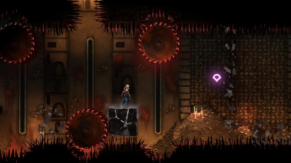 Official screenshot of Rose Belmont on platforms in a dark room with large turning gears