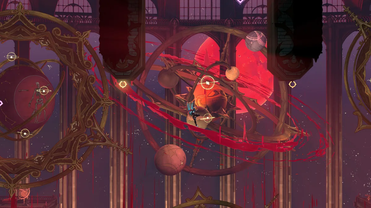 Official screenshot of a red-lit hall filled with floating orb-like creatures