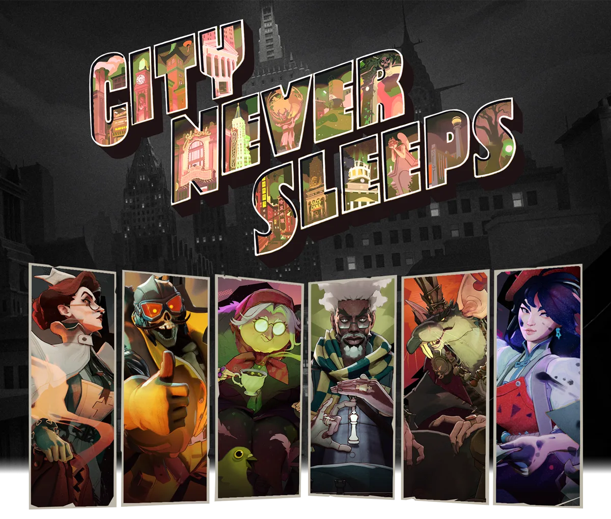 Valve City Never Sleeps artwork showing the six heroes announced for the update