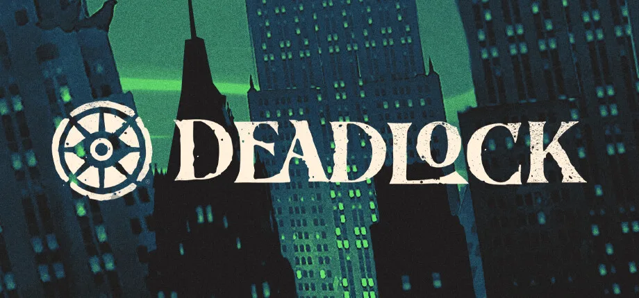 Official Deadlock Steam artwork showing the Deadlock wordmark over a green-lit city skyline