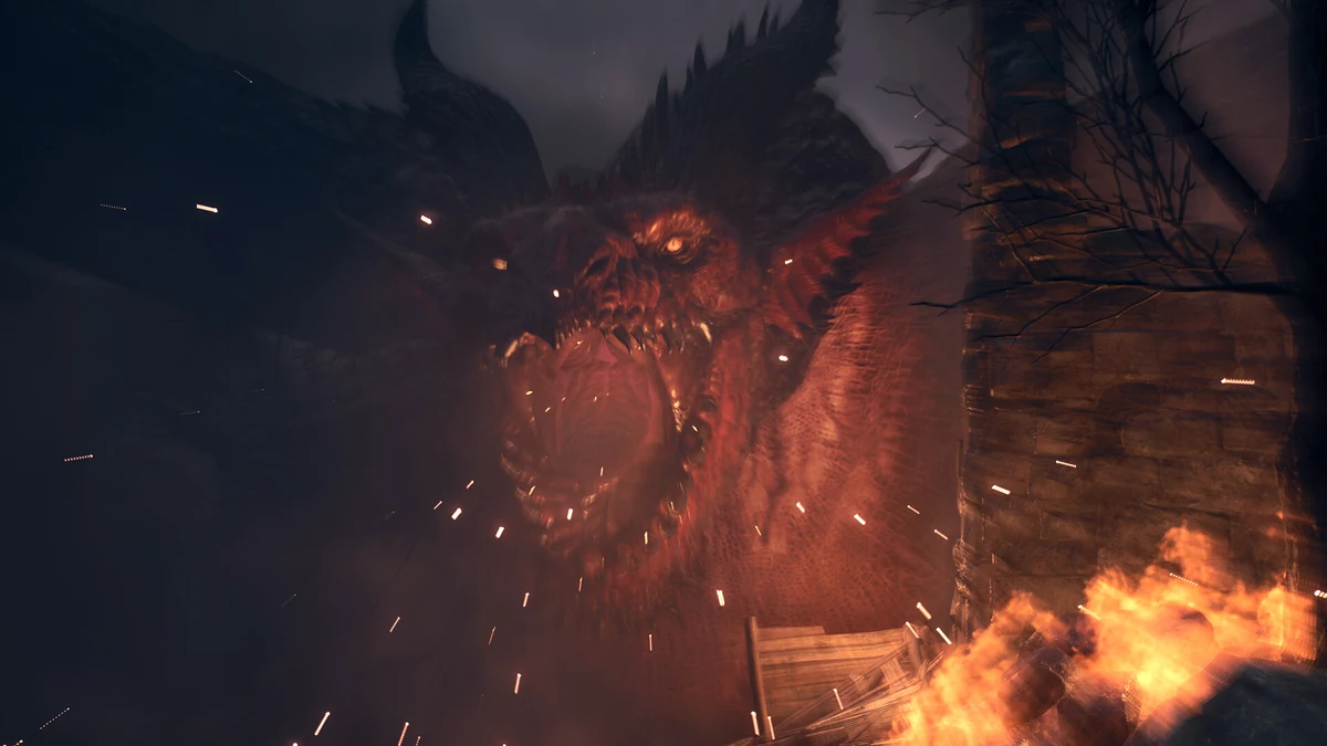 Official screenshot of a close-range dragon encounter