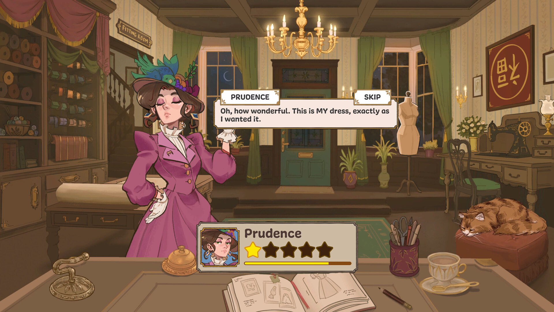 Official Dressmaker screenshot of a customer, Prudence, at the shop counter reacting to a delivered dress, with her dialogue box open, a five-star rating panel beside her portrait showing one filled star, and the sketchbook on the counter in front of her