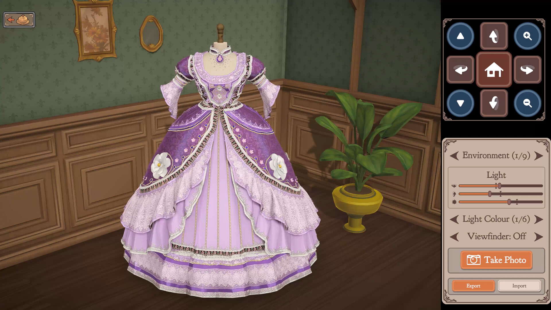 Official Dressmaker screenshot of a purple gown on a display mannequin in the shop with the Environment panel open on the right; the image carries no platform information and is used as illustration only