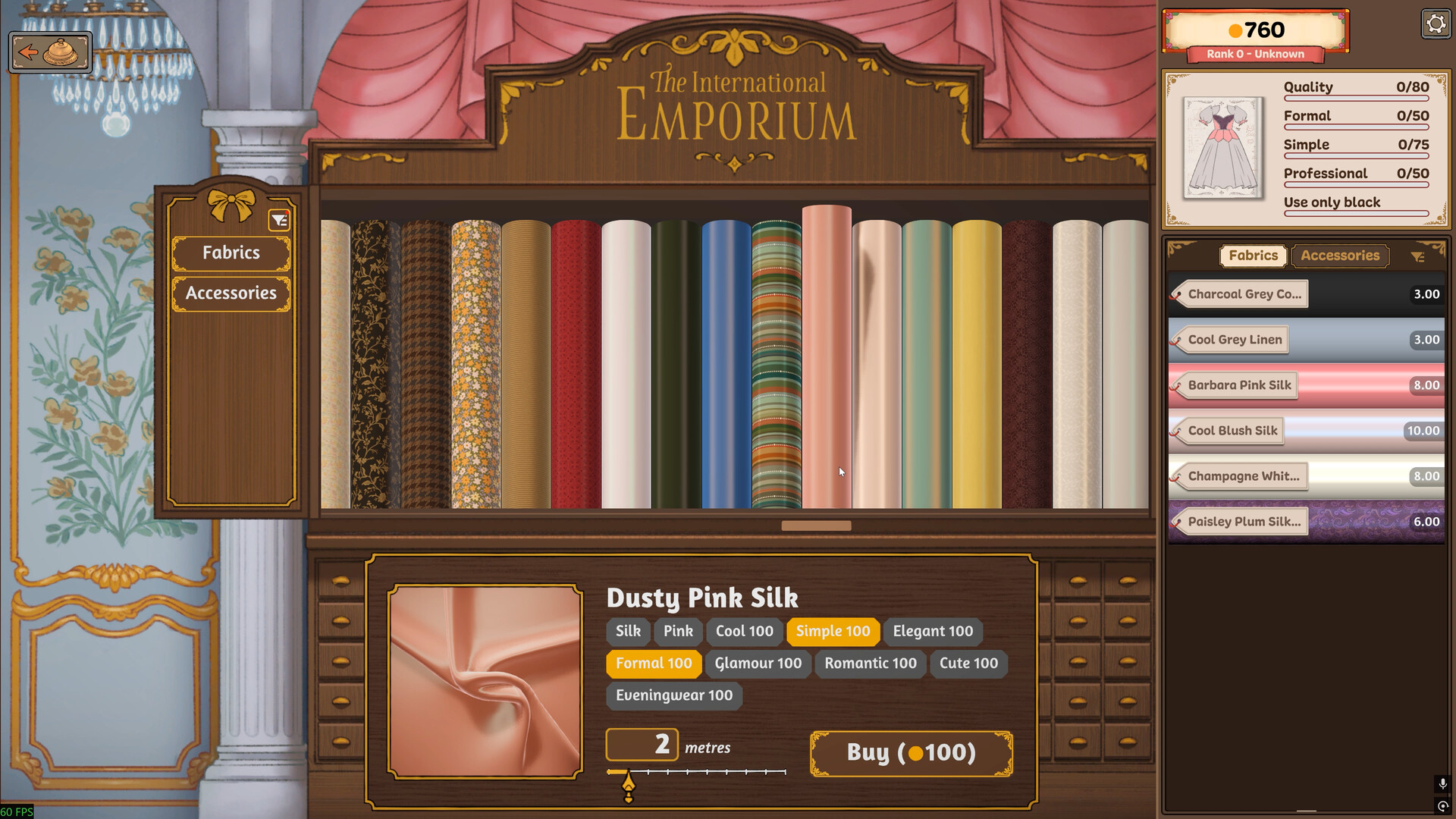 Official Dressmaker screenshot of the International Emporium fabric shop, with a bolt of fabric selected, a colour swatch row reading 8 colours and a Buy button priced at 100 coin
