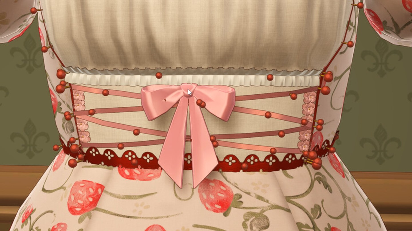 Detail crop of an official Dressmaker screenshot showing the lace band and pink bow trim at the waist of a finished dress, with beaded pins marking the placement points