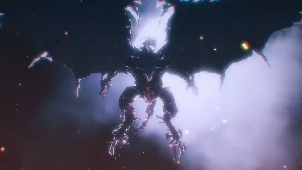 Official in-game cinematic battle scene featuring a large winged boss enemy