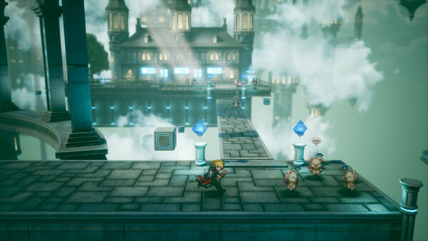 In-game exploration screenshot showing Rain crossing a stone walkway above the clouds with moogles nearby