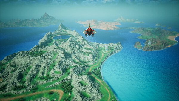 In-game world map view with the party travelling by airship over islands and coastline