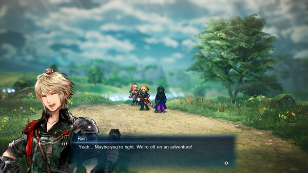 In-game story dialogue scene with Rain in the foreground and party members on a forest path