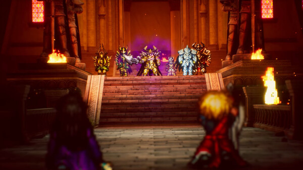 In-game story scene showing Rain and party members approaching an armored group inside a hall