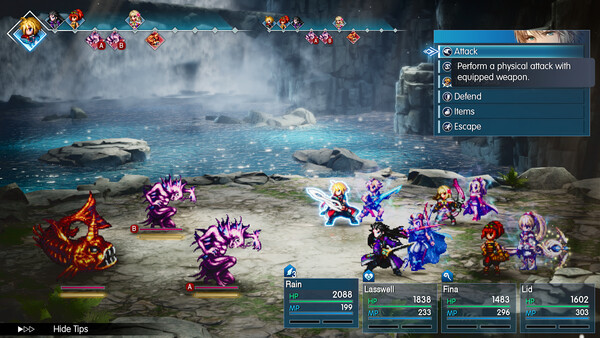 In-game turn-based battle screenshot showing party status and the Attack, Defend, Items, and Escape commands