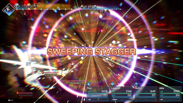 In-game battle screenshot displaying the Sweeping Stagger effect across the battlefield