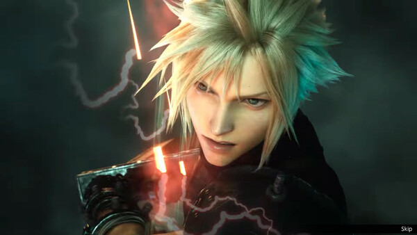 In-game cinematic close-up of Cloud during a story scene