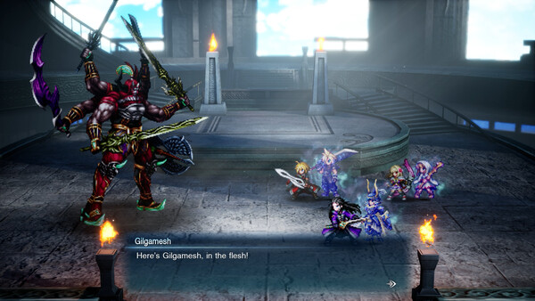In-game side-content encounter showing Gilgamesh facing Rain’s party in an arena