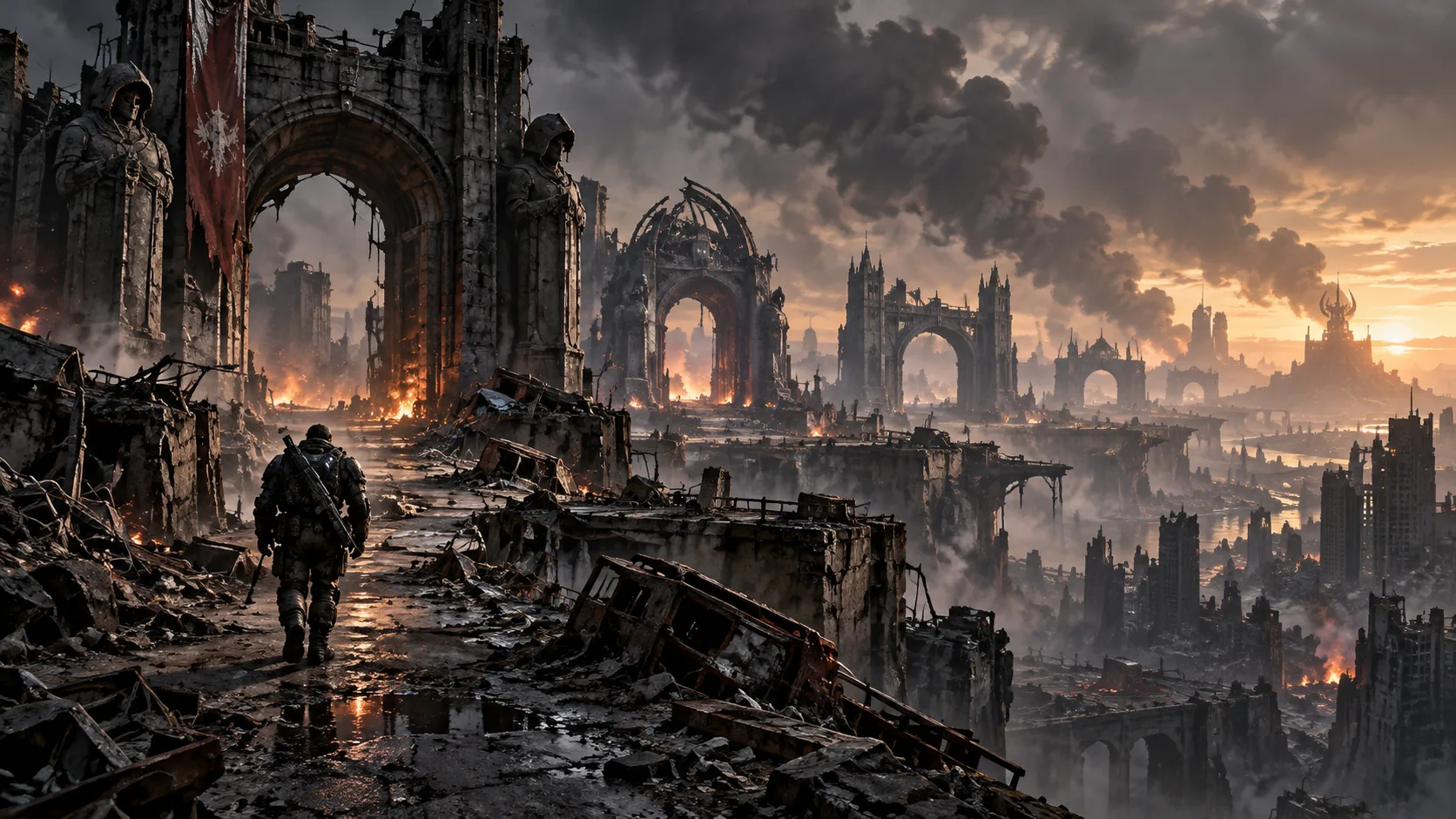 Editorial illustration of a soldier crossing a ruined city