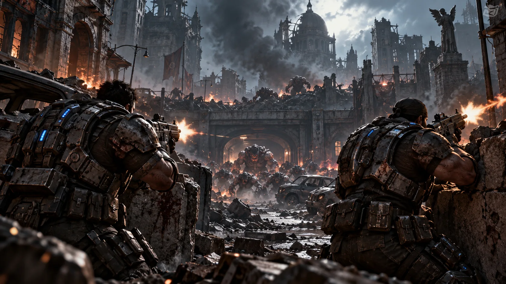 Editorial illustration of two armored soldiers fighting together