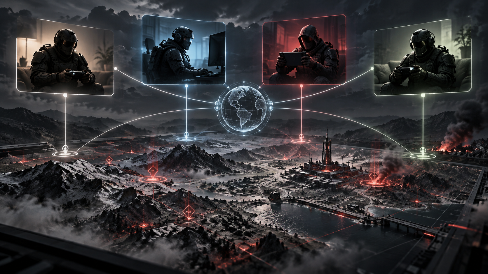 Original editorial illustration of four players connected across a battle map