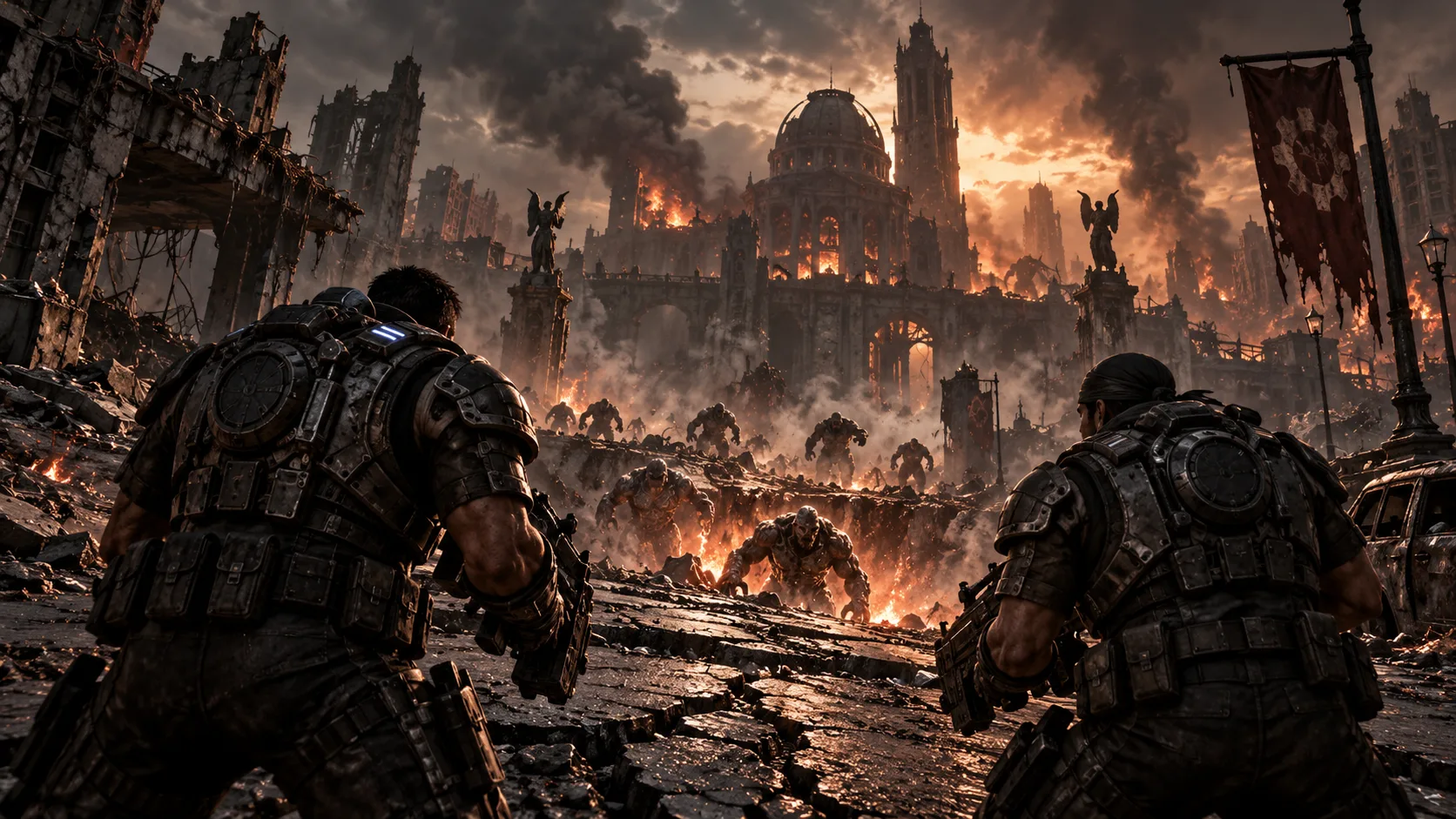 Original editorial illustration of two armored soldiers facing a ruined city