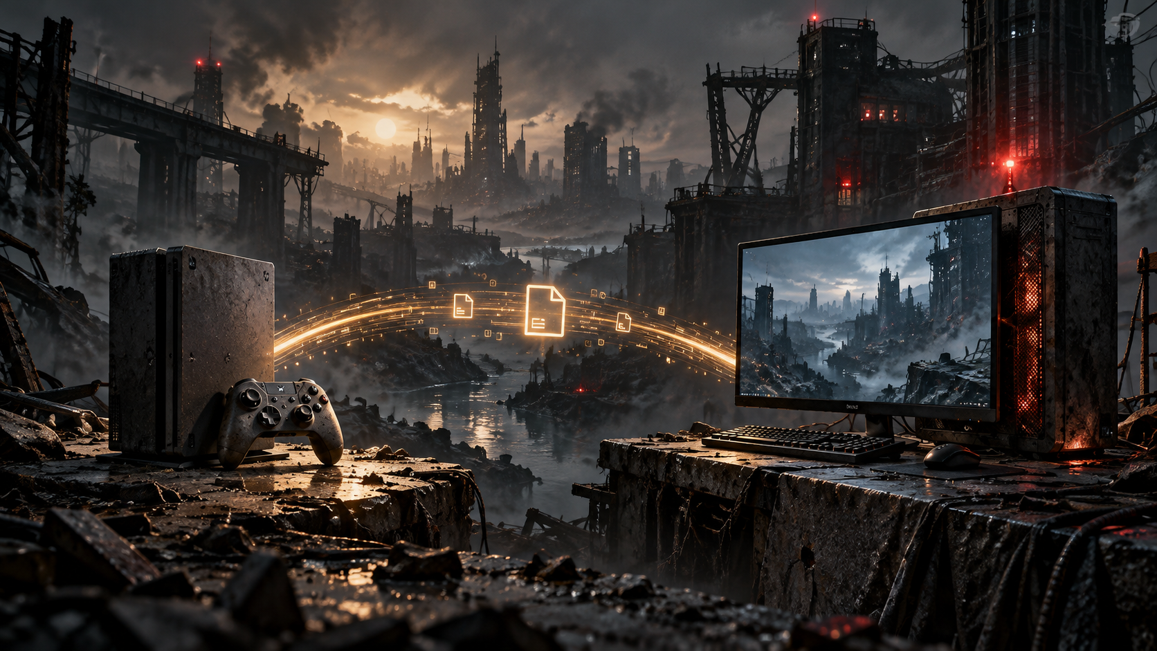 Original editorial illustration of a console and PC connected by save data