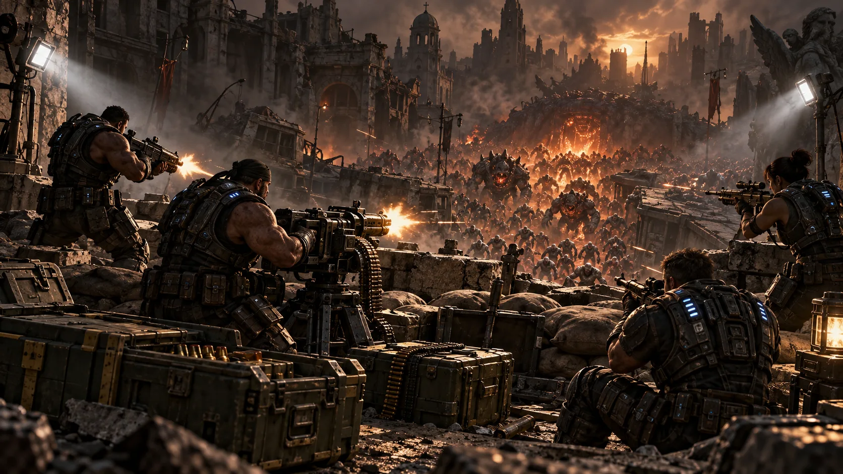 Editorial illustration of a squad defending a turret position