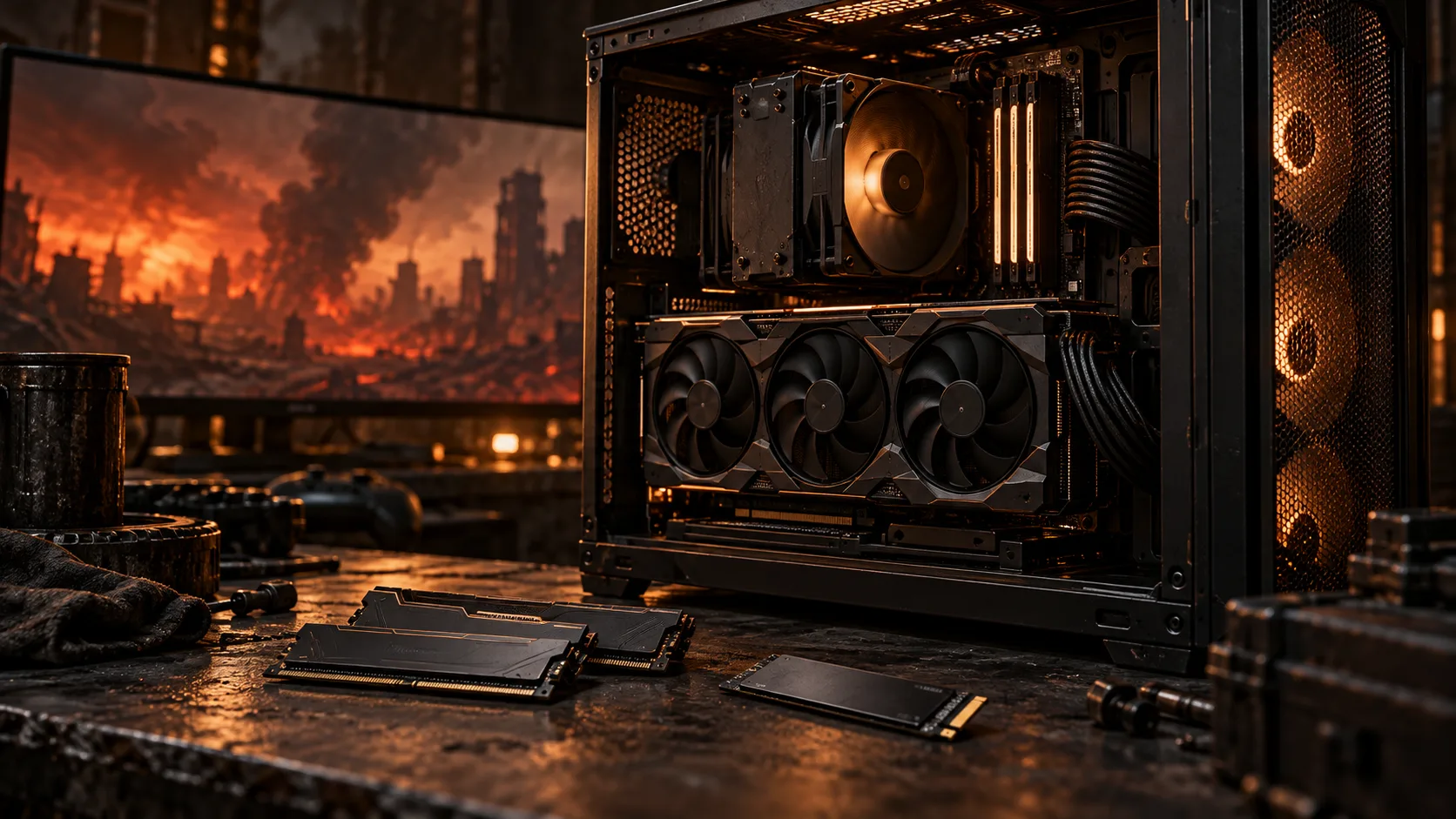 Editorial illustration of desktop PC components
