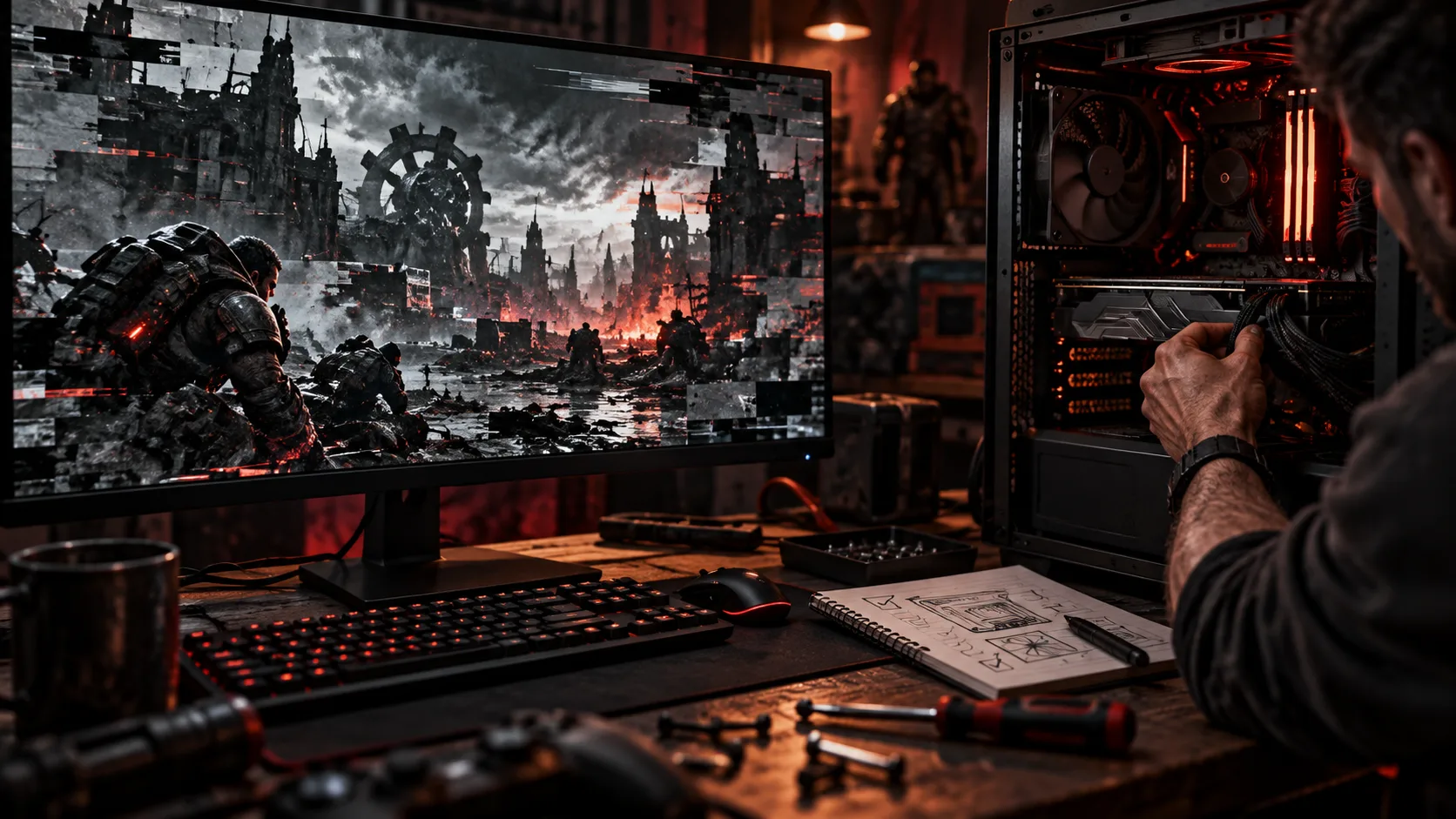 Editorial illustration of a PC being checked beside a frozen screen