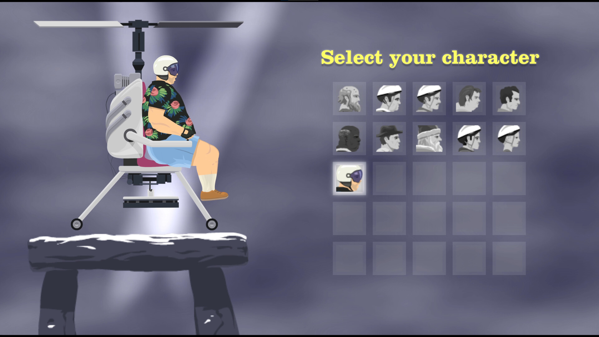 Official Happy Wheels character-selection screenshot showing Helicopter Man and the character grid