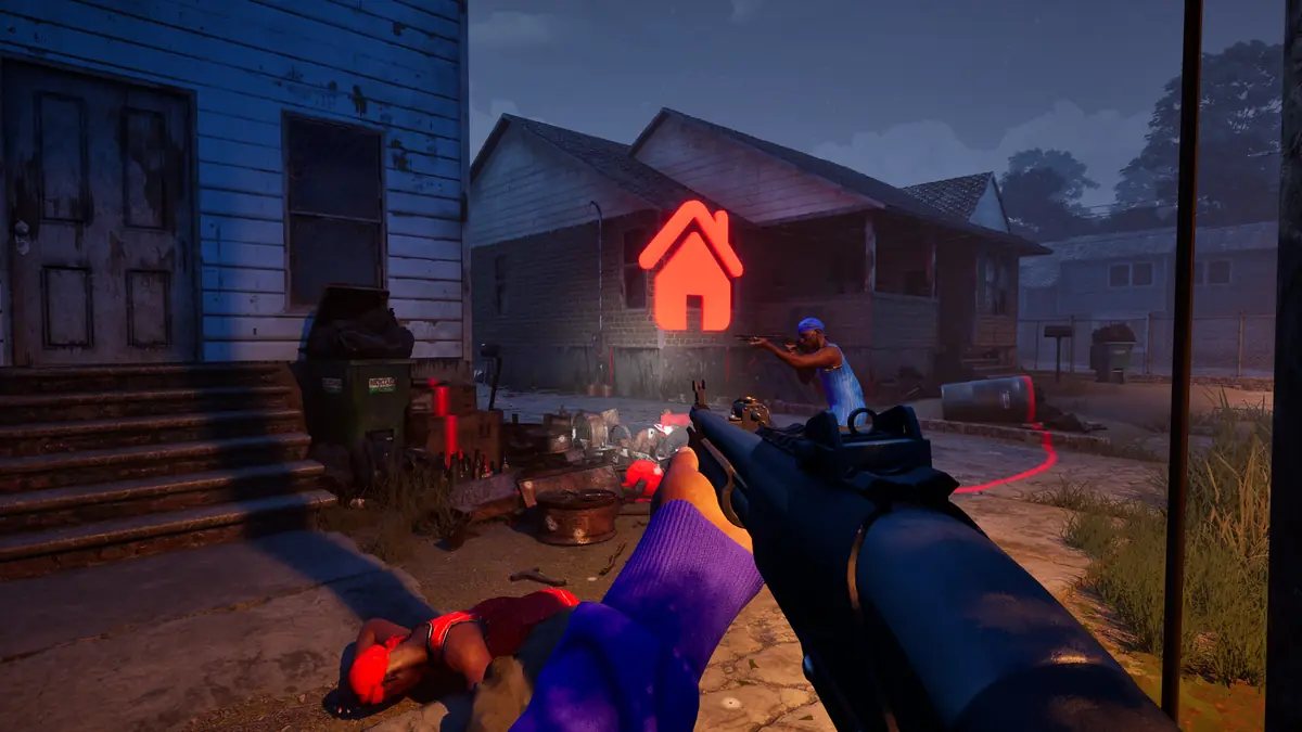 Official Hood Warfare 2 screenshot of a suburban street with a marked objective on a house
