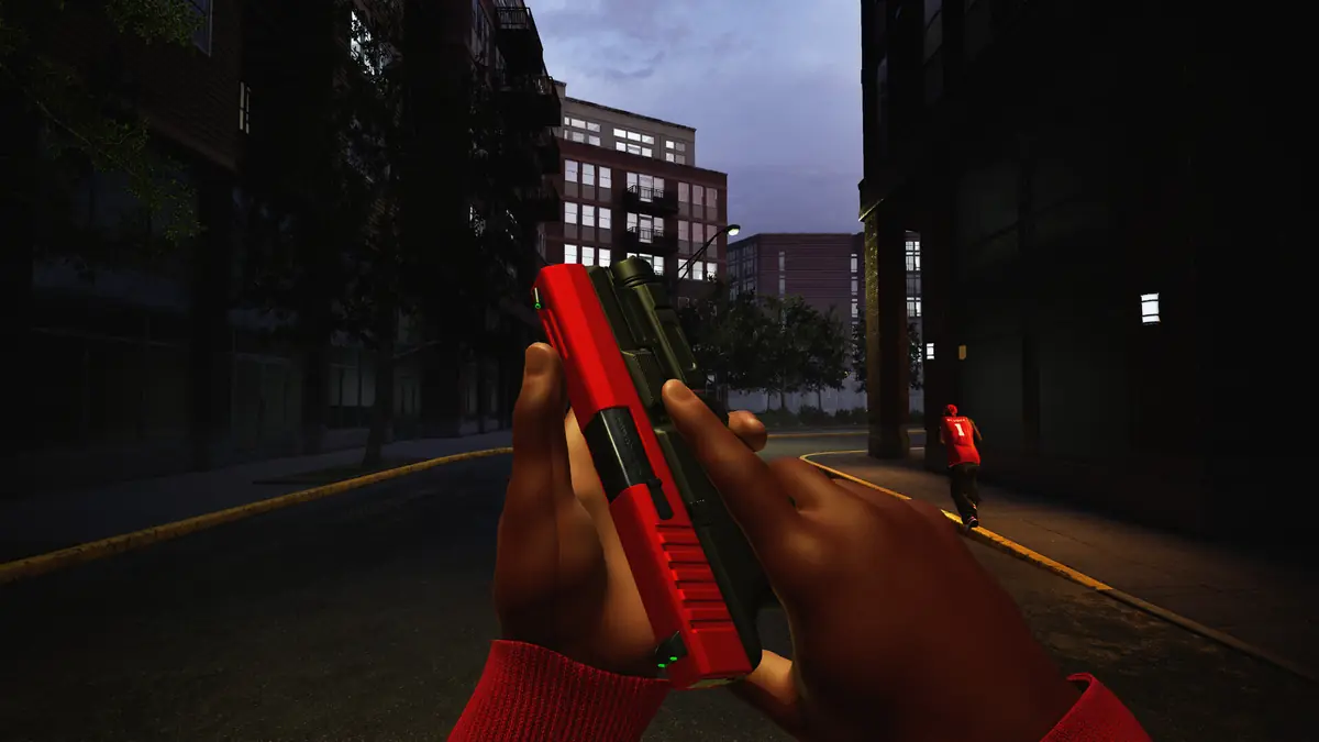 Official Hood Warfare 2 screenshot of a player holding a handgun on a street at night