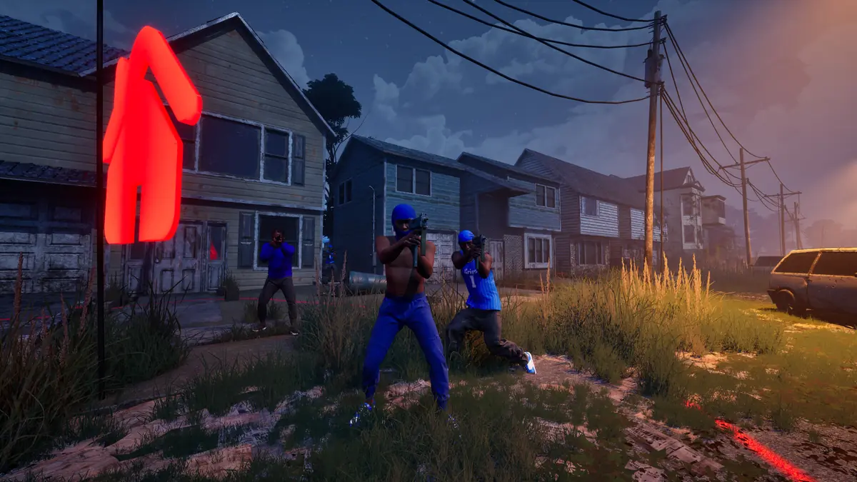 Official Hood Warfare 2 screenshot of two players on a suburban street with a highlighted figure