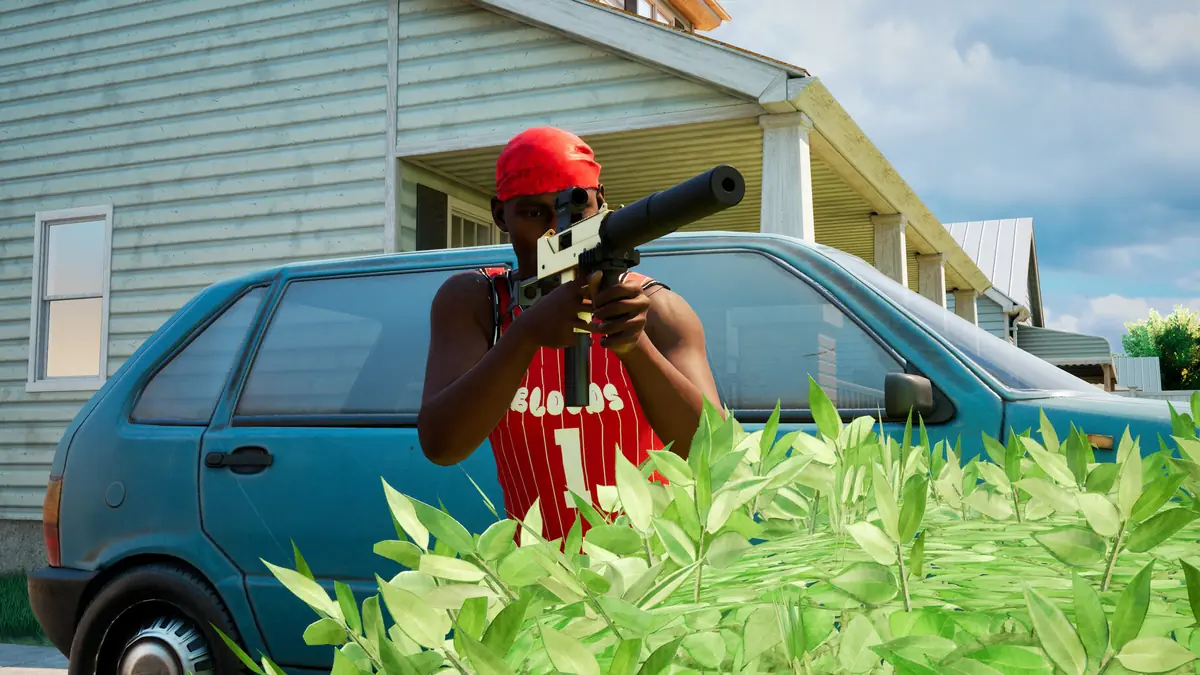 Official Hood Warfare 2 screenshot of a player with a shotgun beside a car in tall grass