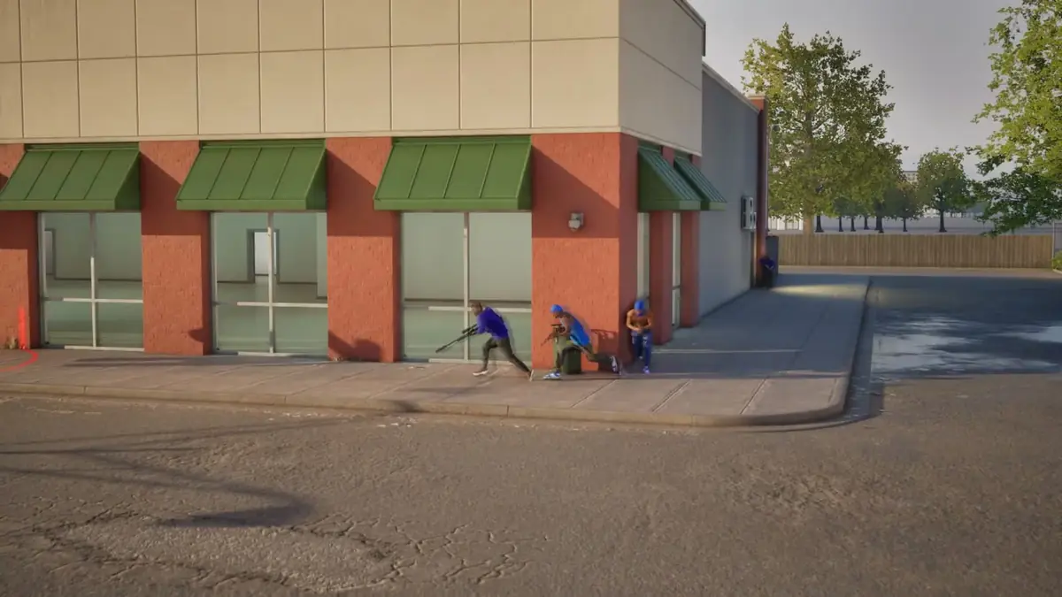 Official Hood Warfare 2 trailer still of a street-facing storefront and car park