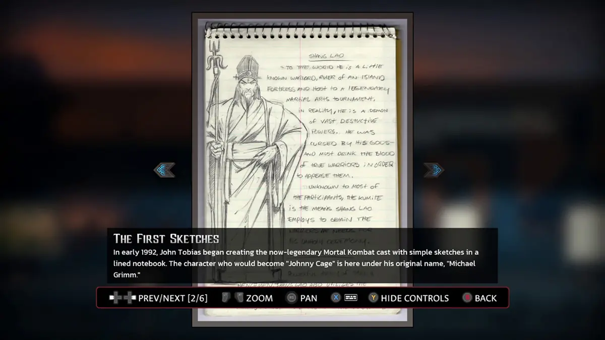 Official archive view showing early 1990 Mortal Kombat character sketches by John Tobias
