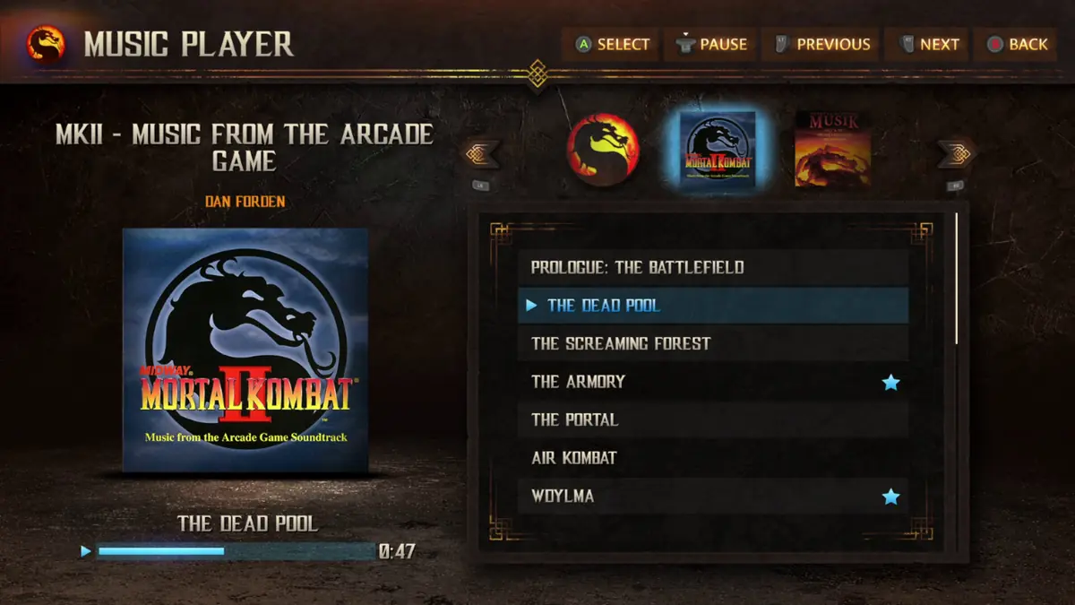 Official Legacy Kollection screenshot of the in-game arcade music player listing tracks such as The Armory and Goro's Lair