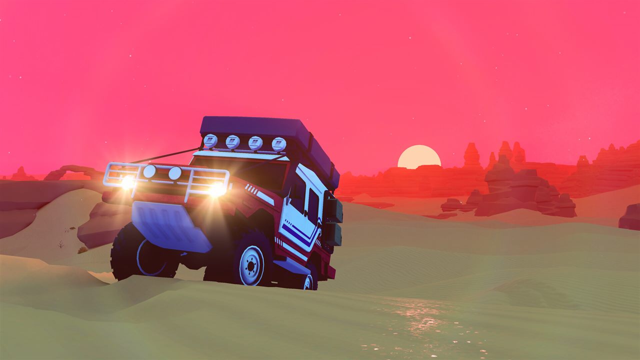Official over the hill screenshot showing a customized white and blue off-road vehicle at sunset
