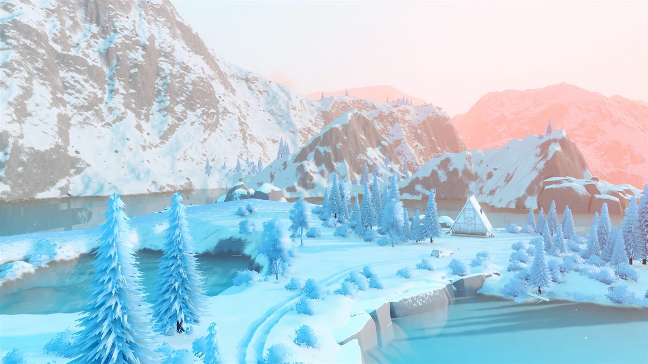 Official over the hill screenshot showing an off-road vehicle crossing a snowy area near a cabin