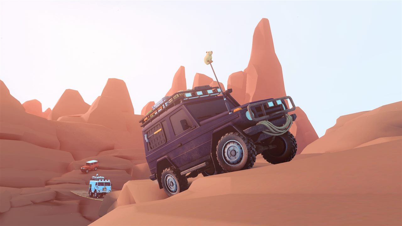 Official over the hill screenshot showing a small animal perched above an off-road vehicle in an Algerian canyon