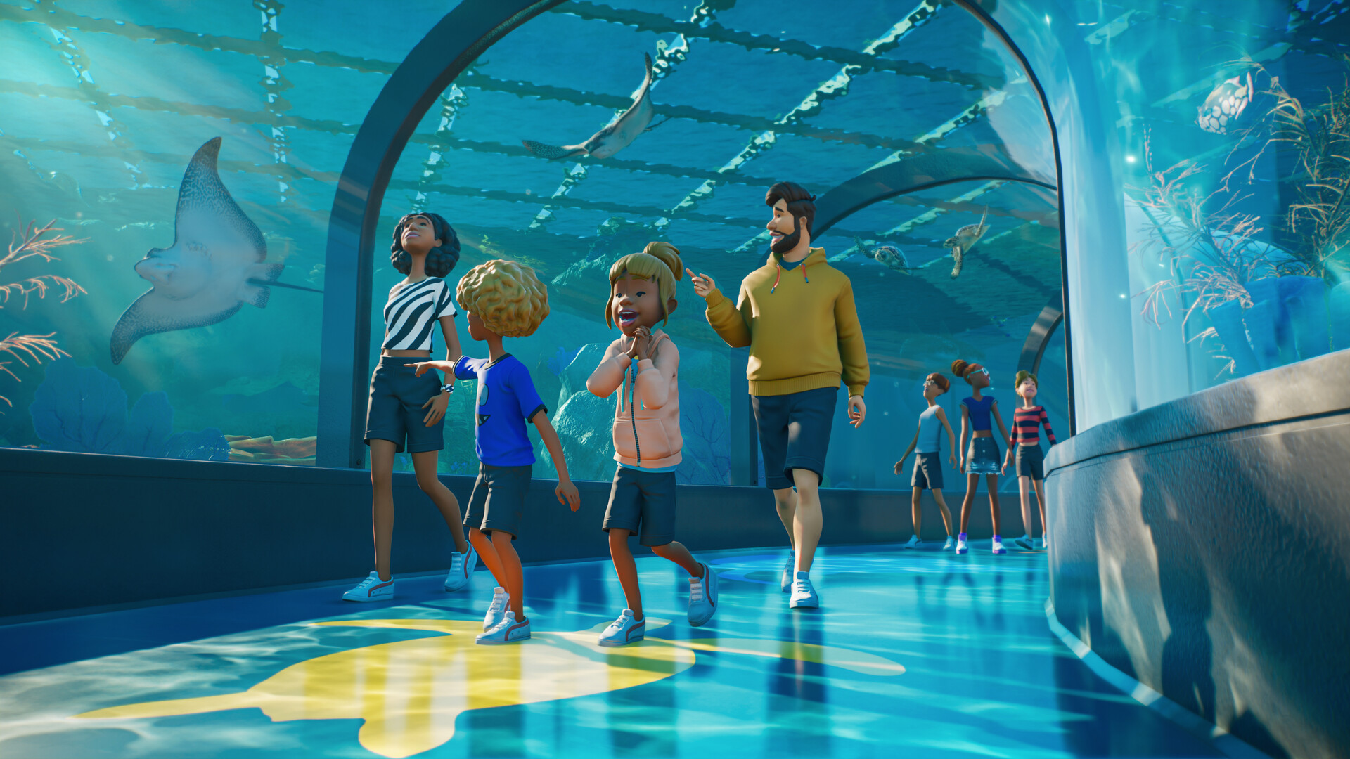 Guests walking through an underwater tunnel in Planet Zoo 2