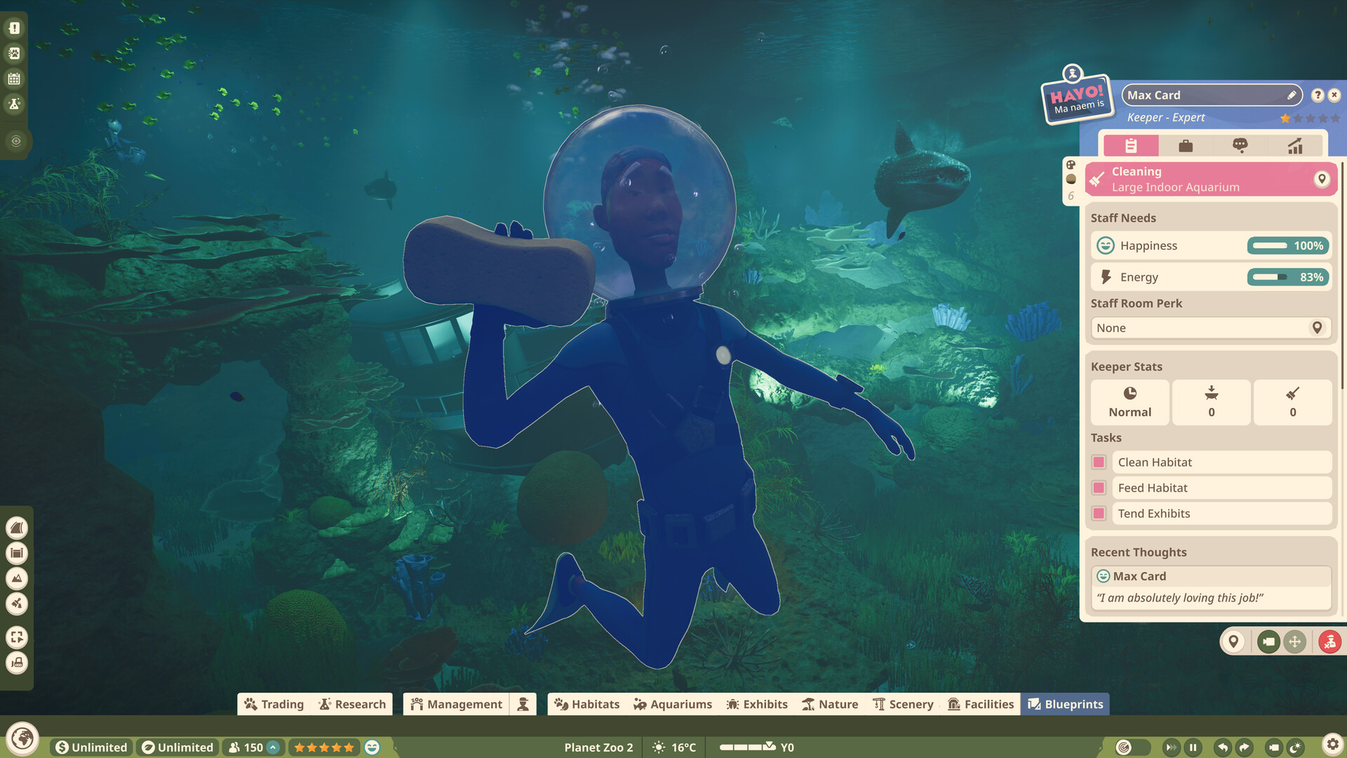 Keeper diving inside a large Planet Zoo 2 aquarium