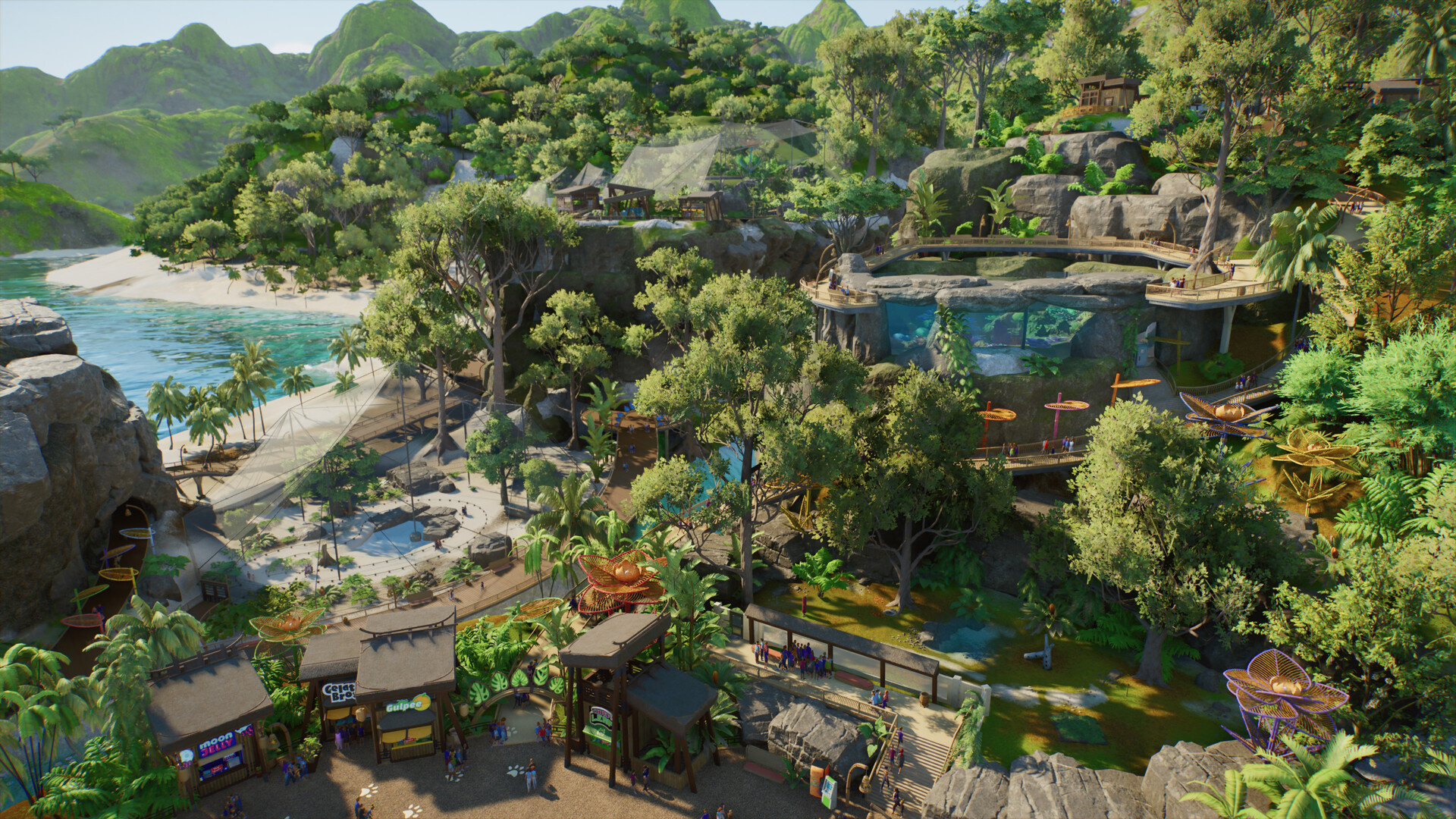 Official Planet Zoo 2 screenshot of a large tropical zoo with water and animal habitats